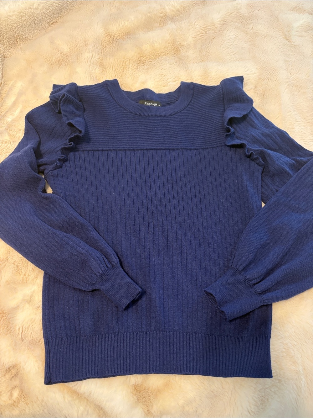 Women’s Navy Ruffle-Shoulder Ribbed Knit Top - Picture 3 of 3